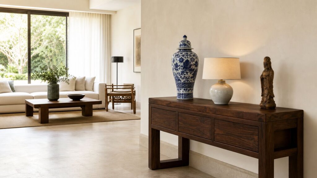 Dekoracje orientalne w jasnym salonie: wazon, figurka i lampa ceramiczna