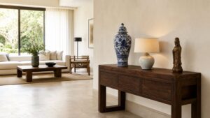 Dekoracje orientalne w jasnym salonie: wazon, figurka i lampa ceramiczna