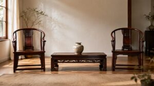 Chińskie krzesła w stylu Ming z półokrągłym oparciem i niska ława Kang w jasnym salonie