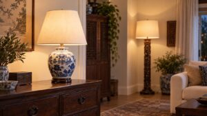 Ceramiczna lampa stołowa i rzeźbiona lampa podłogowa w orientalnym wnętrzu