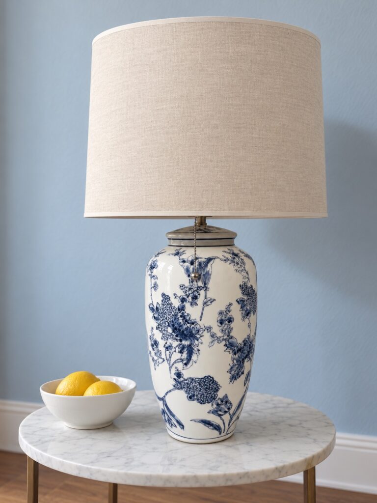 Biała lampa w niebieskie kwiaty 65 cm