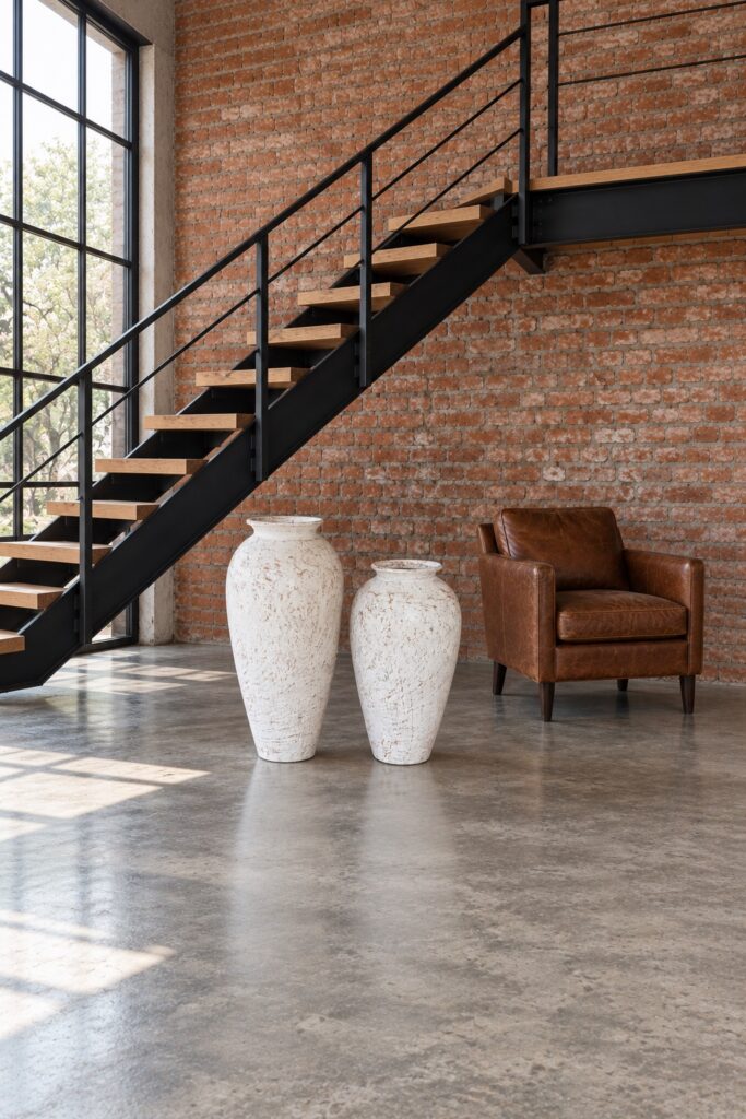 Białe wazony ceramiczne podłogowe 90 i 70 cm, aranżacja: wazony u stóp stalowych schodów w lofcie z cegłą