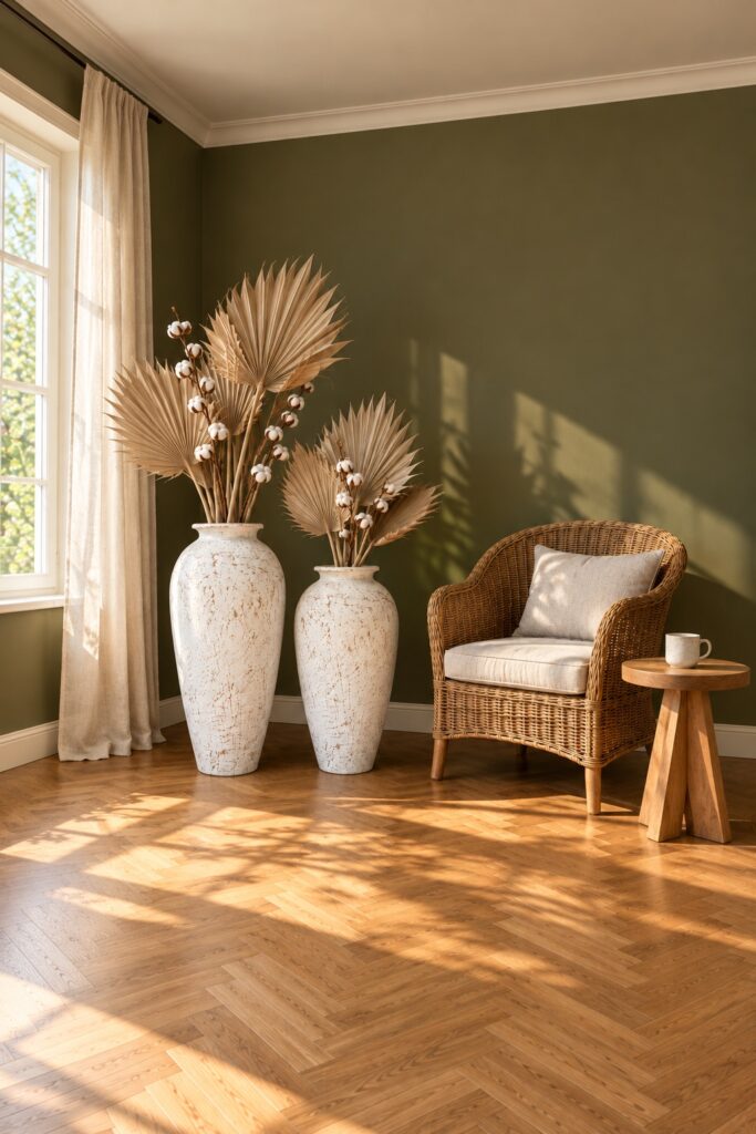 Białe wazony ceramiczne podłogowe 90 i 70 cm, aranżacja: wazony z suszonymi liśćmi palmy w salonie boho