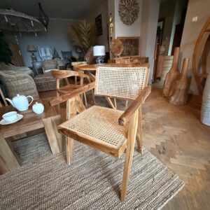 Designerski fotel z drewna tekowego z plecionką wiedeńską na siedzisku i oparciu, 56 x 85 x 80 cm
