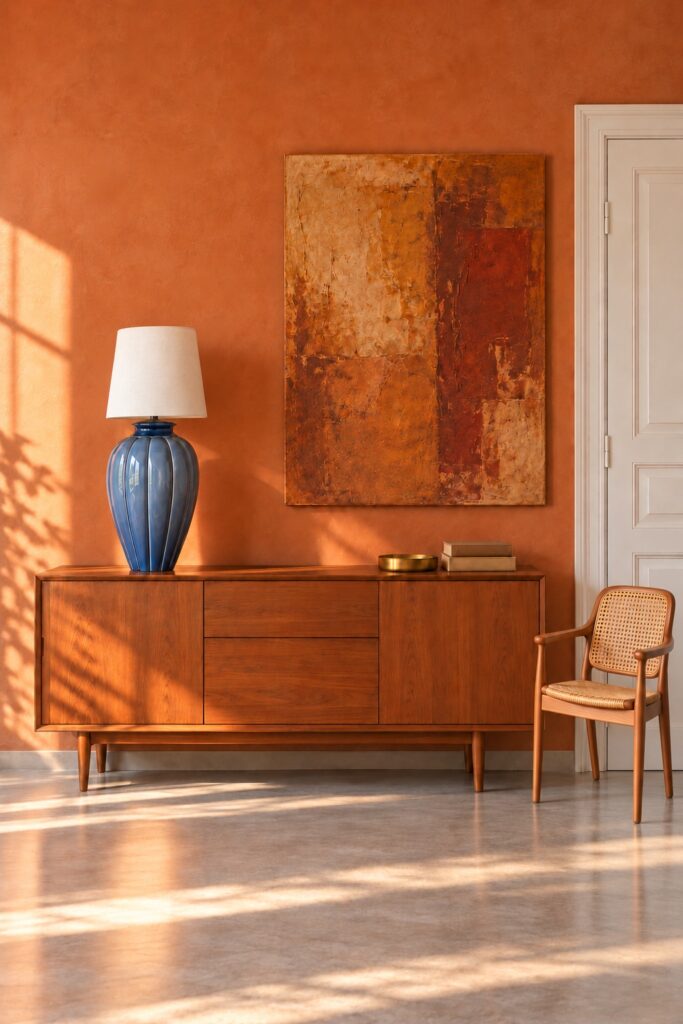 Duża lampa ceramiczna 85 cm, aranżacja: salon, lampa na tekowej komodzie