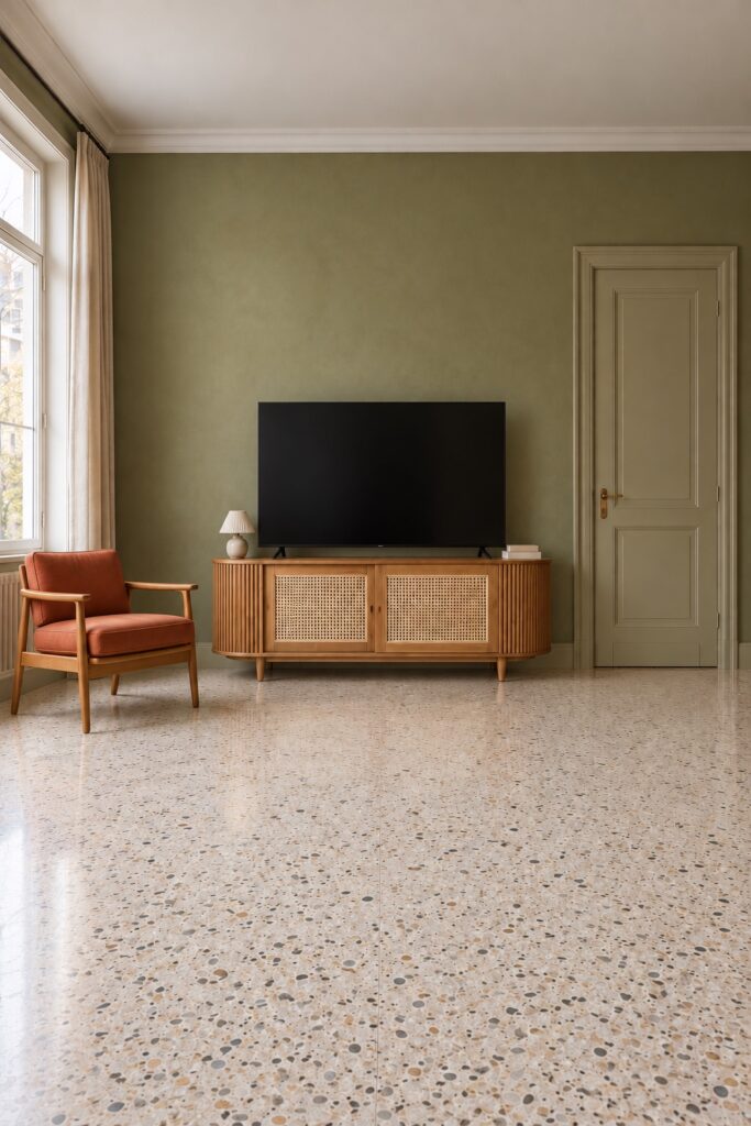 Komoda z drewna tekowego z plecionką wiedeńską 150 x 45 x 61 cm, aranżacja: komoda pod telewizorem w salonie z oliwkową ścianą i lastryko