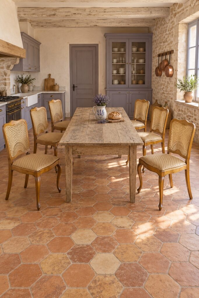 Krzesła francuskie z plecionką wiedeńską 47 x 43 x 90 cm, komplet 6 szt., aranżacja: prowansalska kuchnia z jadalnią, sześć krzeseł przy długim stole