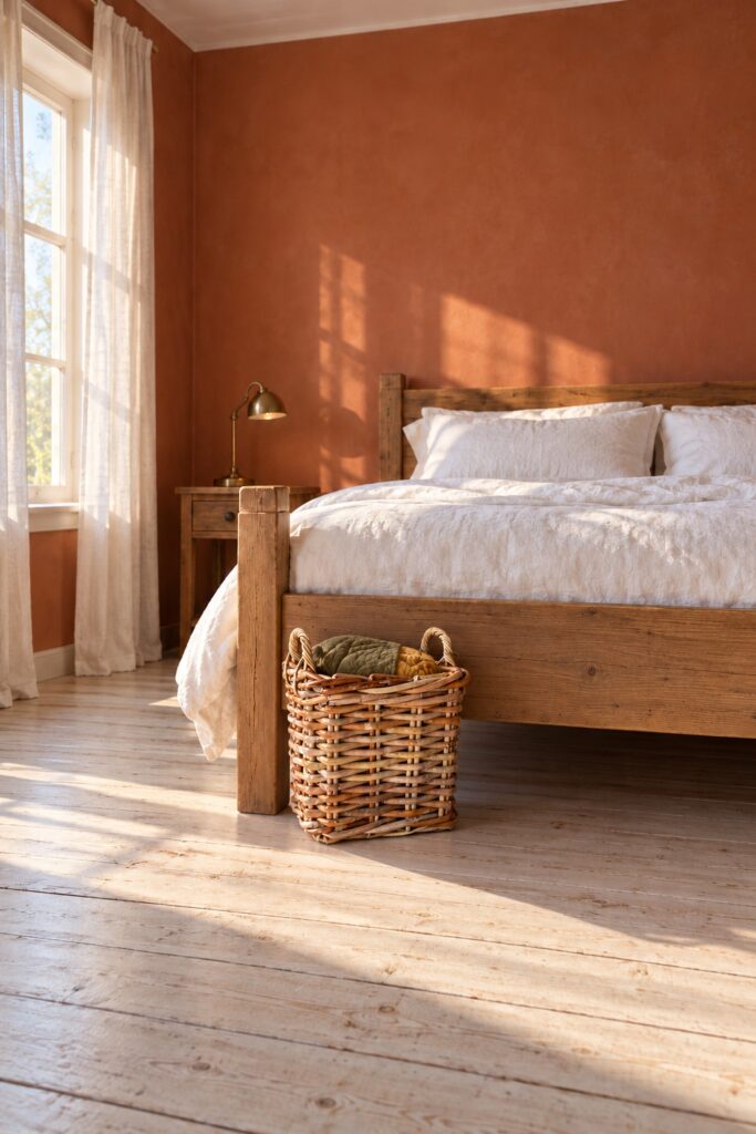 Kwadratowy kosz z grubego rattanu z uchwytami 46 x 46 cm, aranżacja: kosz z kocami przy łóżku w sypialni o terakotowych ścianach