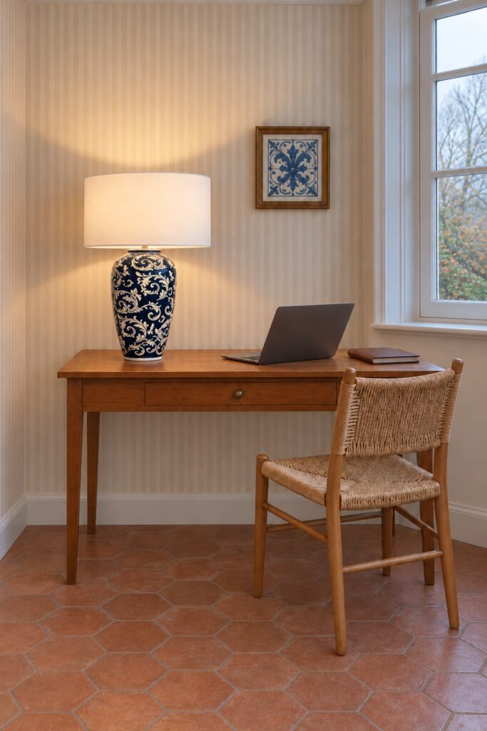 Lampa ceramiczna z ornamentem 62 cm, aranżacja: gabinet, lampa na biurku