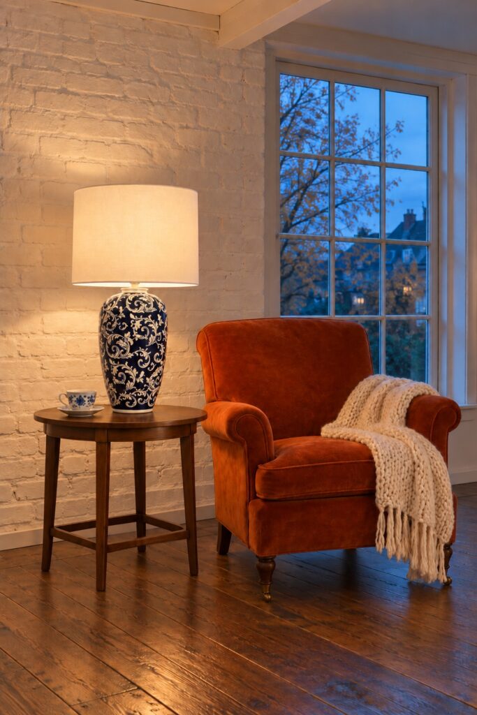 Lampa ceramiczna z ornamentem 62 cm, aranżacja: kącik do czytania, lampa na stoliku przy fotelu