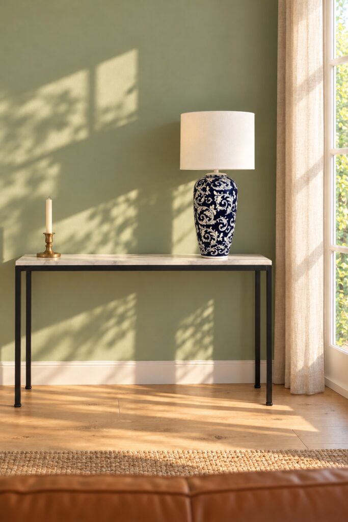 Lampa ceramiczna z ornamentem 62 cm, aranżacja: salon, lampa na konsoli z marmurowym blatem