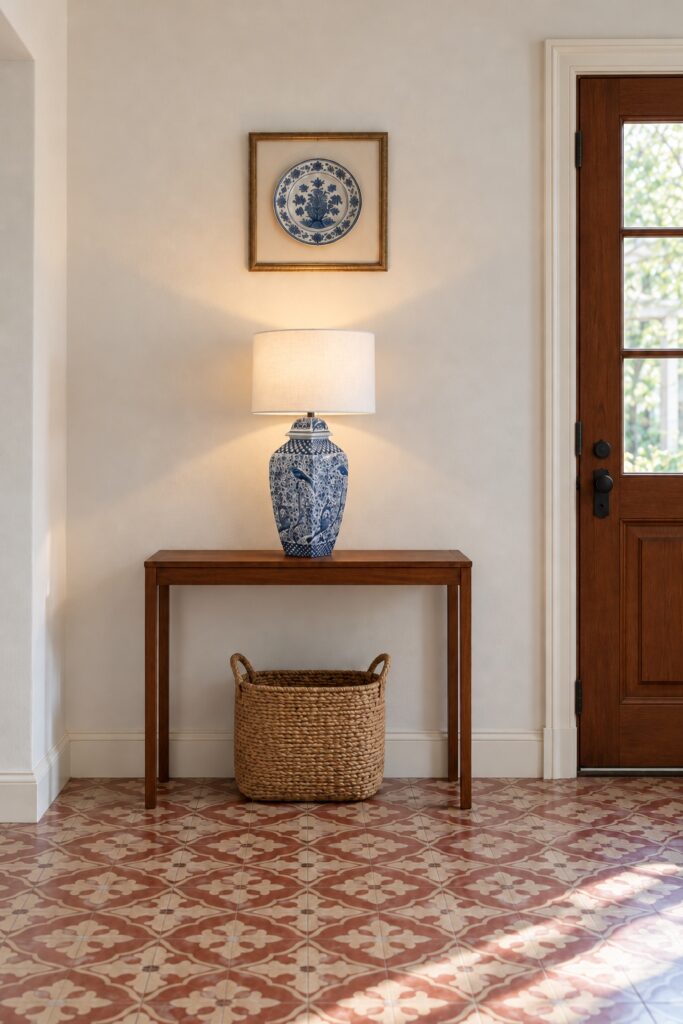 Lampa z ptakami i kwiatami 70 cm, aranżacja: przedpokój, lampa na konsoli